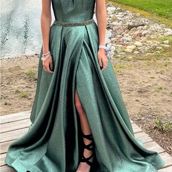 slim fit dress slacks Green Prom Dress - Charming, Sparkling, Long with Cap Sleeves